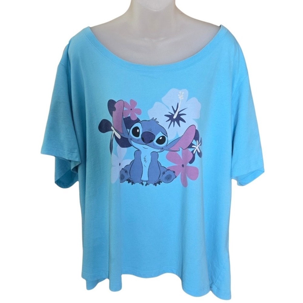 Disney Womens Stitch Floral Graphic T Shirt Size 3X Blue Tropical Vacation Tee